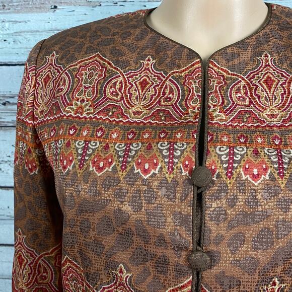 Vintage Adrianna Papell Brown Floral Mandarin Style Blazer Jacket SZ 4 Silk - Picture 3 of 8